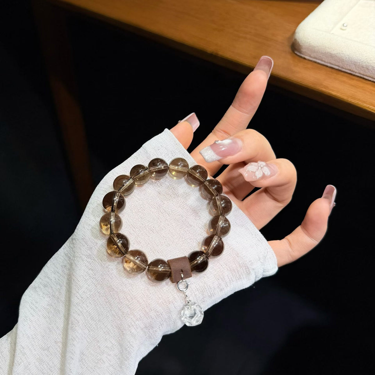Serene Haven Smoky Quartz Bracelet with Fine Silver Lotus Charm (12mm)