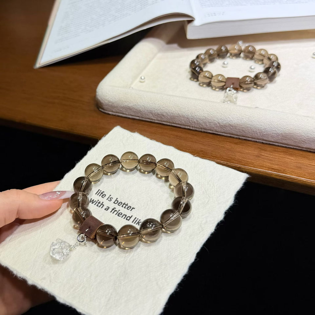 Serene Haven Smoky Quartz Bracelet with Fine Silver Lotus Charm (12mm)