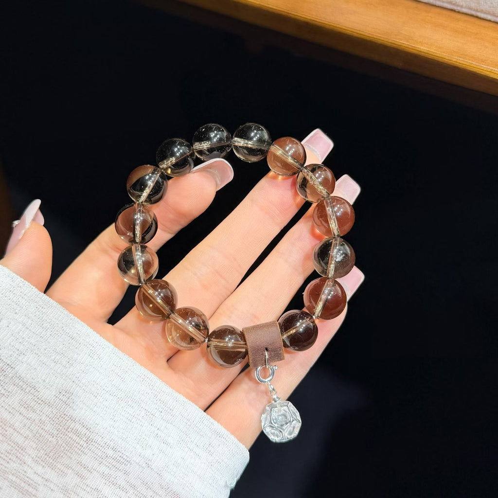 Serene Haven Smoky Quartz Bracelet with Fine Silver Lotus Charm (12mm)