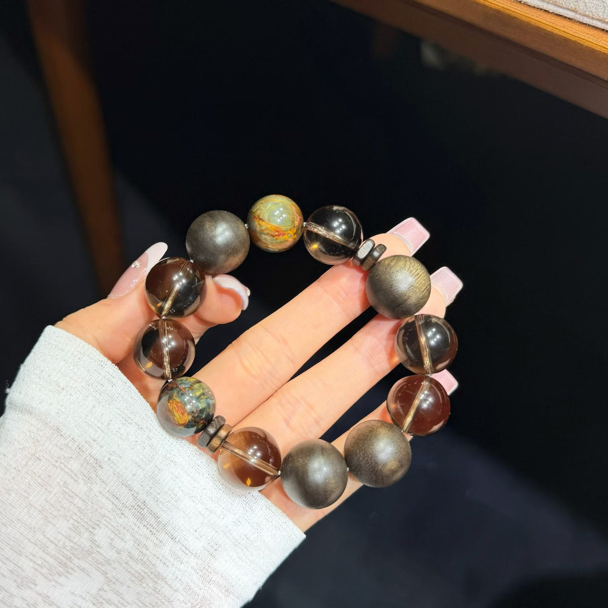 Black Tea Pietersite & Smoky Quartz Bracelet with Natural Agarwood (15mm)