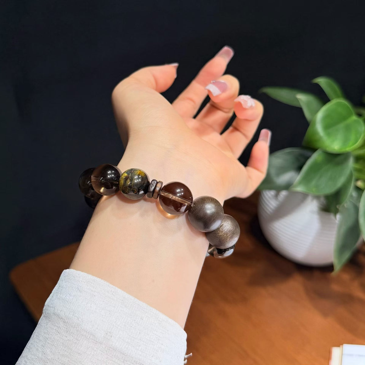 Black Tea Pietersite & Smoky Quartz Bracelet with Natural Agarwood (15mm)