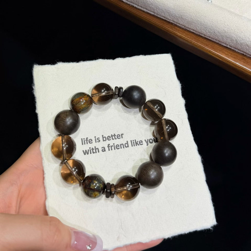 Black Tea Pietersite & Smoky Quartz Bracelet with Natural Agarwood (15mm)