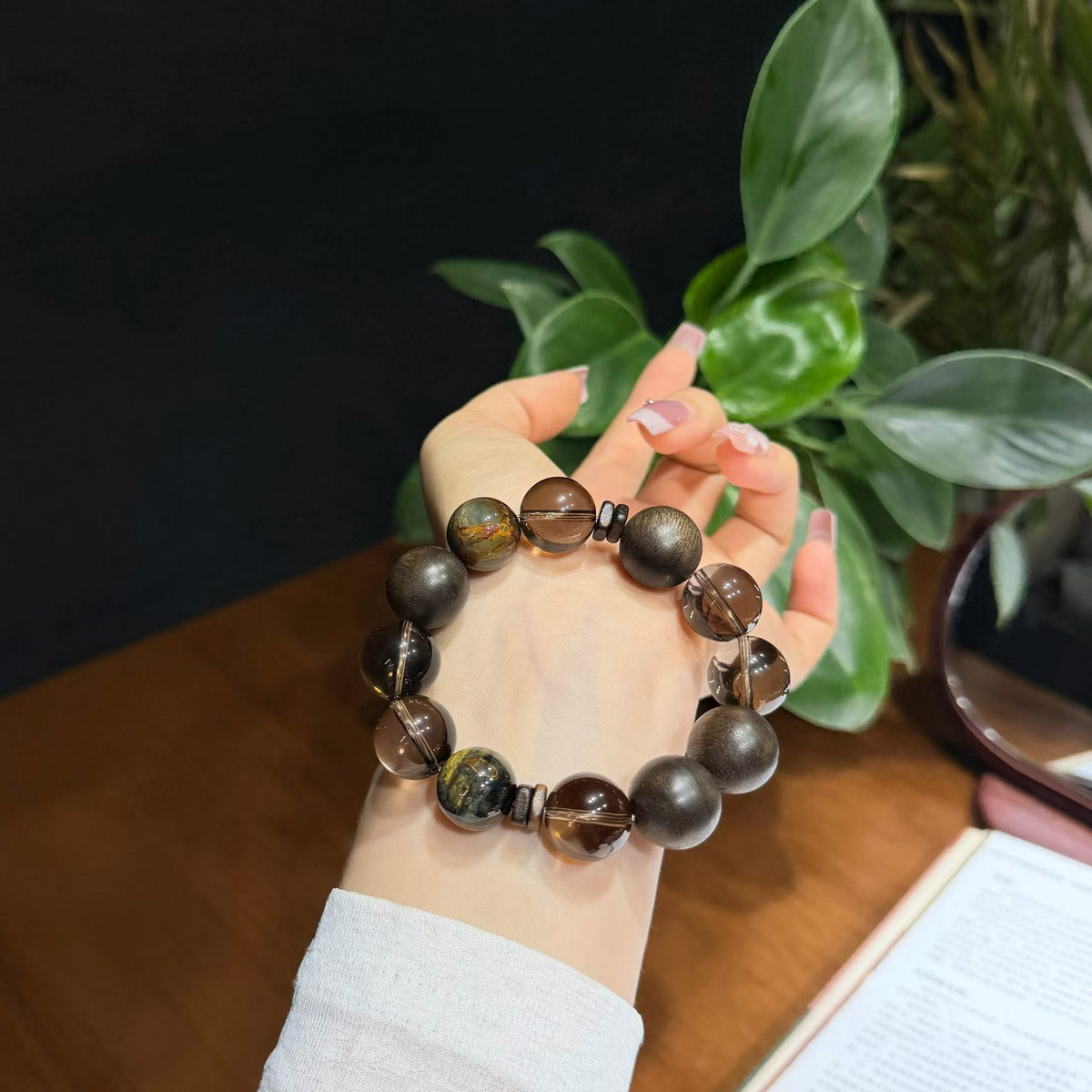 Black Tea Pietersite & Smoky Quartz Bracelet with Natural Agarwood (15mm)