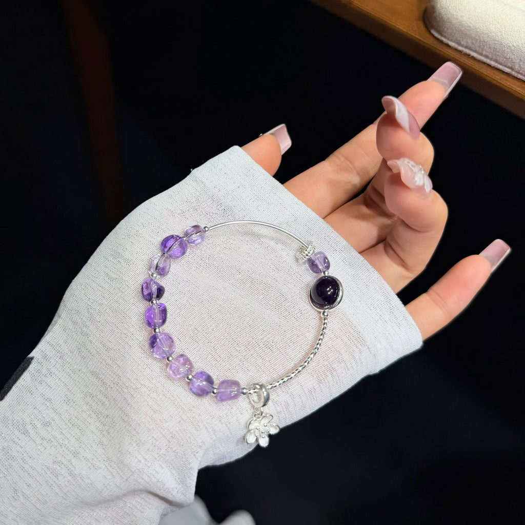 Freeform Gradient Amethyst & 925 Sterling Silver Half-Bangle Bracelet with Floral Charm