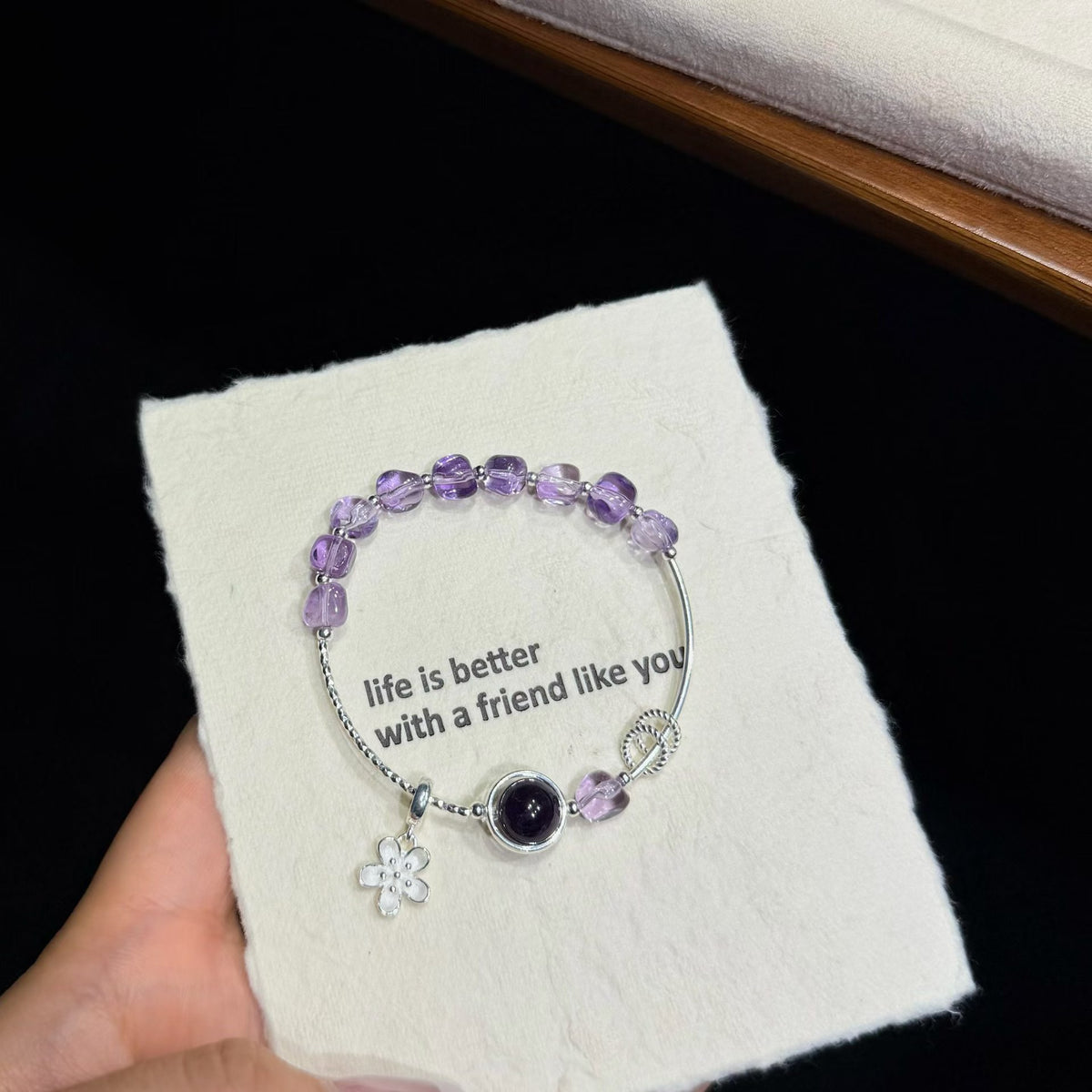 Freeform Gradient Amethyst & 925 Sterling Silver Half-Bangle Bracelet with Floral Charm