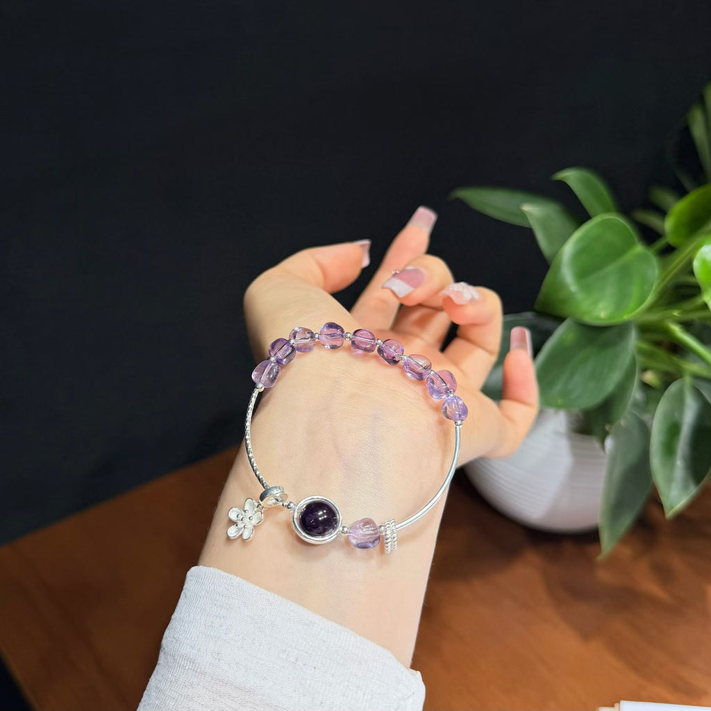Freeform Gradient Amethyst & 925 Sterling Silver Half-Bangle Bracelet with Floral Charm