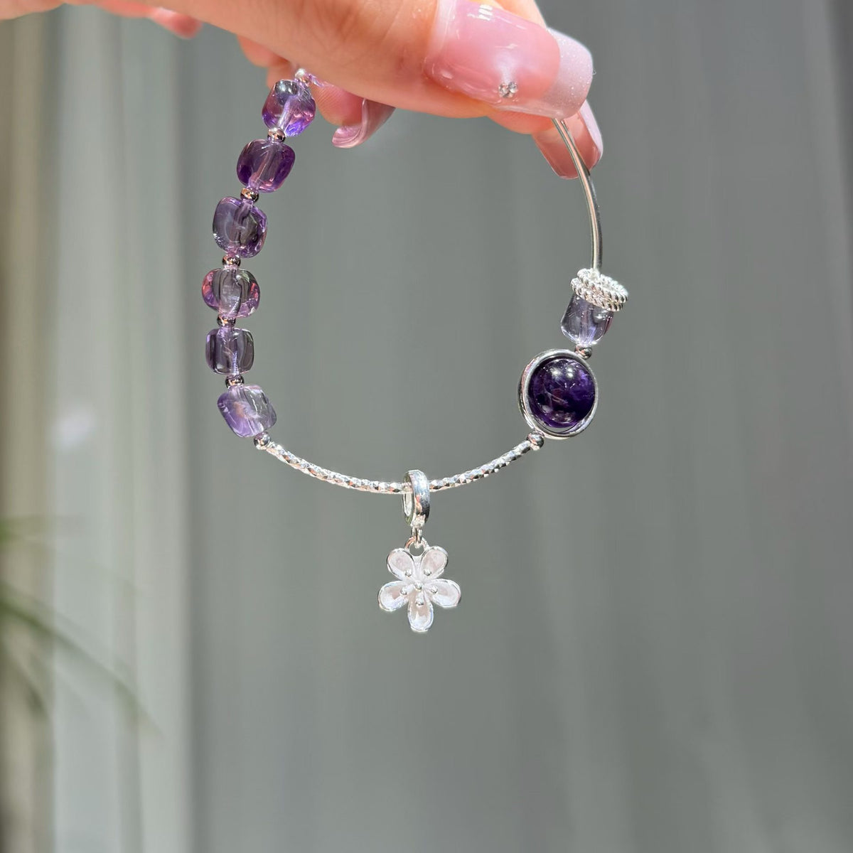 Freeform Gradient Amethyst & 925 Sterling Silver Half-Bangle Bracelet with Floral Charm