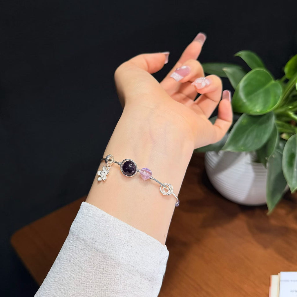 Freeform Gradient Amethyst & 925 Sterling Silver Half-Bangle Bracelet with Floral Charm