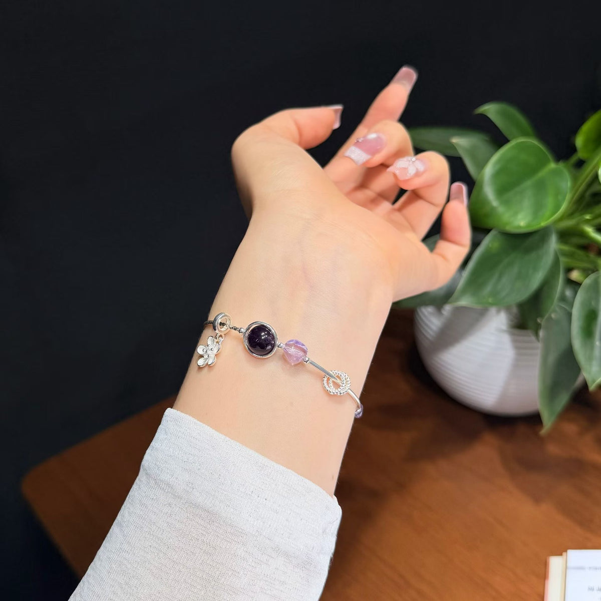 Freeform Gradient Amethyst & 925 Sterling Silver Half-Bangle Bracelet with Floral Charm