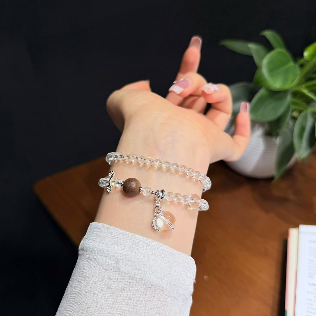 Serene Agarwood & Clear Quartz Double-Wrap Bracelet with Silver Leaf Charm (5mm)