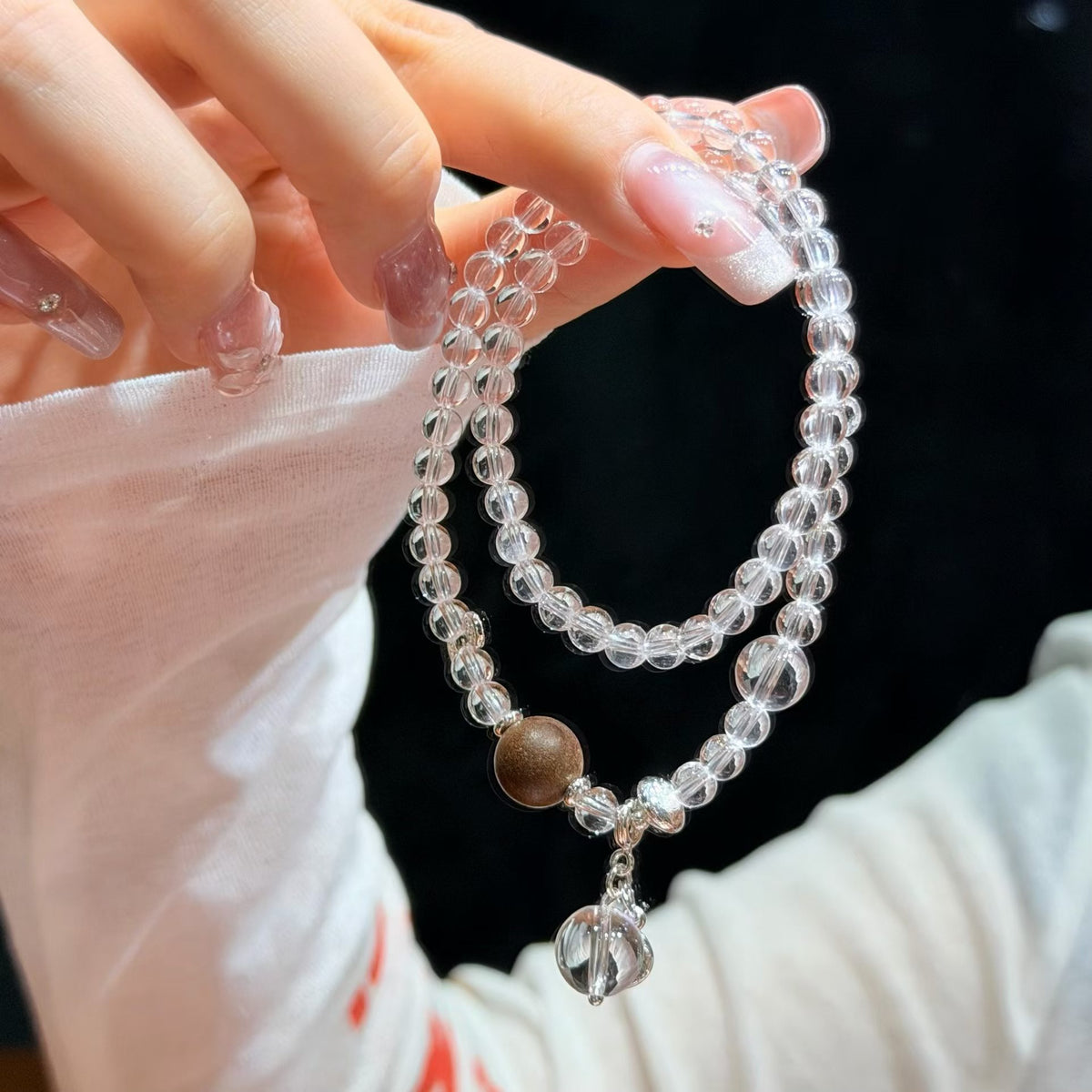 Serene Agarwood & Clear Quartz Double-Wrap Bracelet with Silver Leaf Charm (5mm)