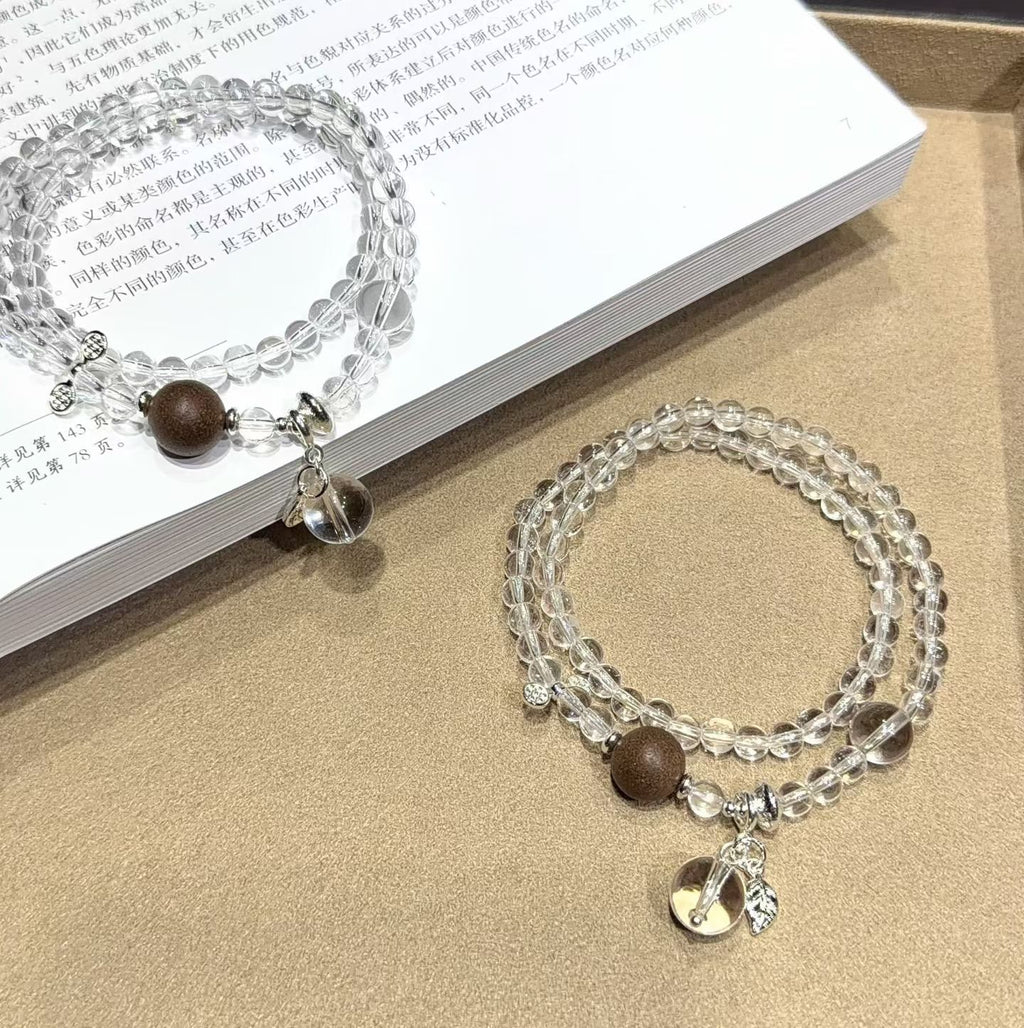 Serene Agarwood & Clear Quartz Double-Wrap Bracelet with Silver Leaf Charm (5mm)