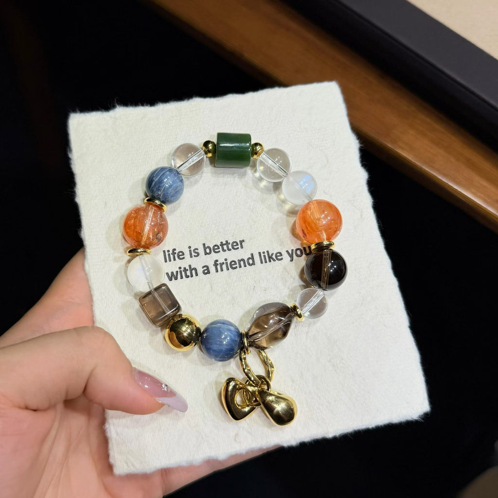 Sunset & Deep Sea Multi-Gemstone Crystal Bracelet - Orange Hematoid, Kyanite & Hetian Jade