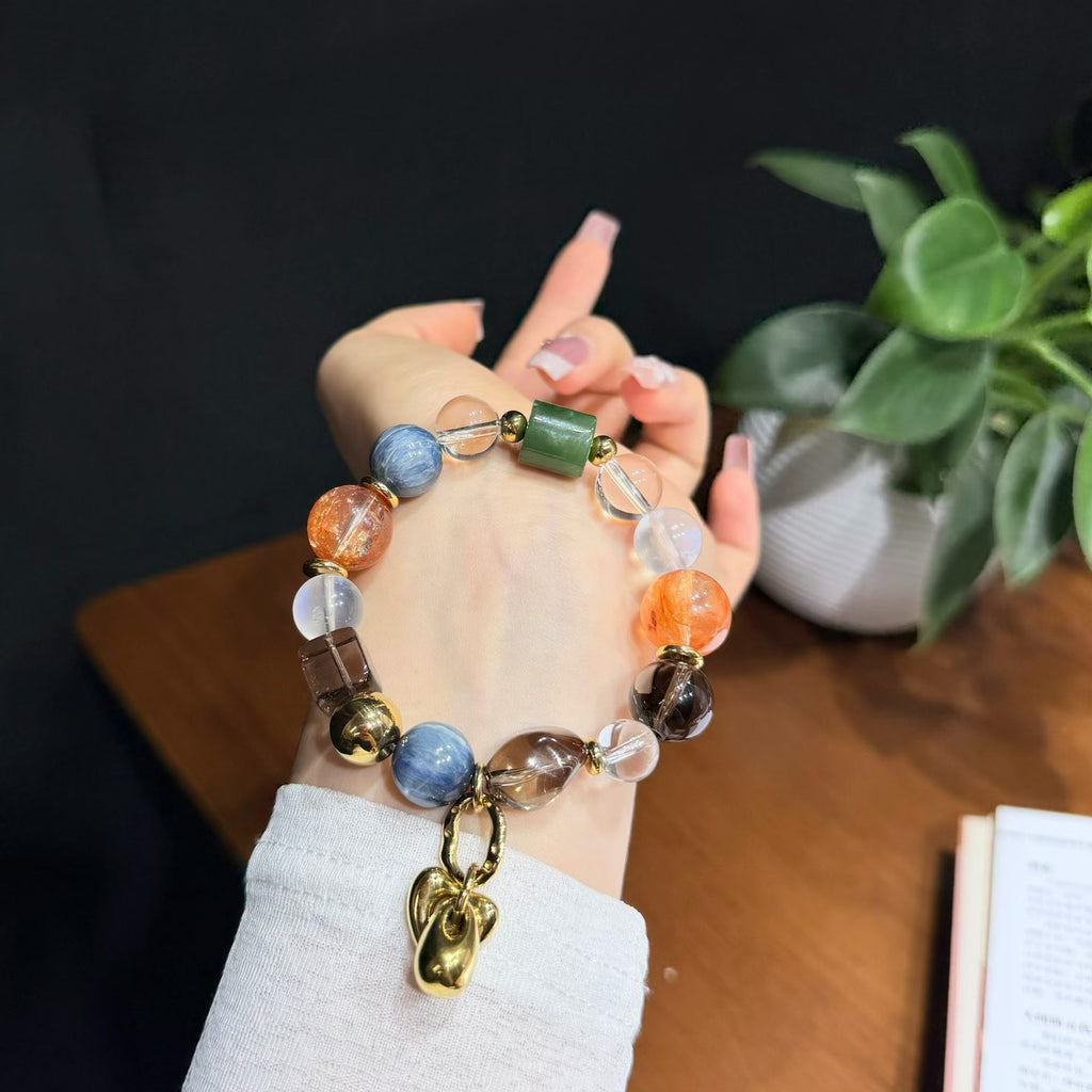 Sunset & Deep Sea Multi-Gemstone Crystal Bracelet - Orange Hematoid, Kyanite & Hetian Jade