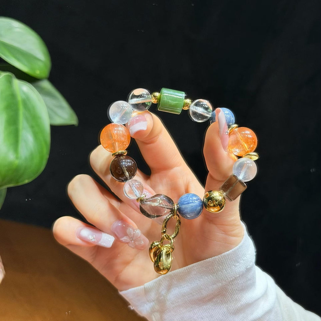Sunset & Deep Sea Multi-Gemstone Crystal Bracelet - Orange Hematoid, Kyanite & Hetian Jade