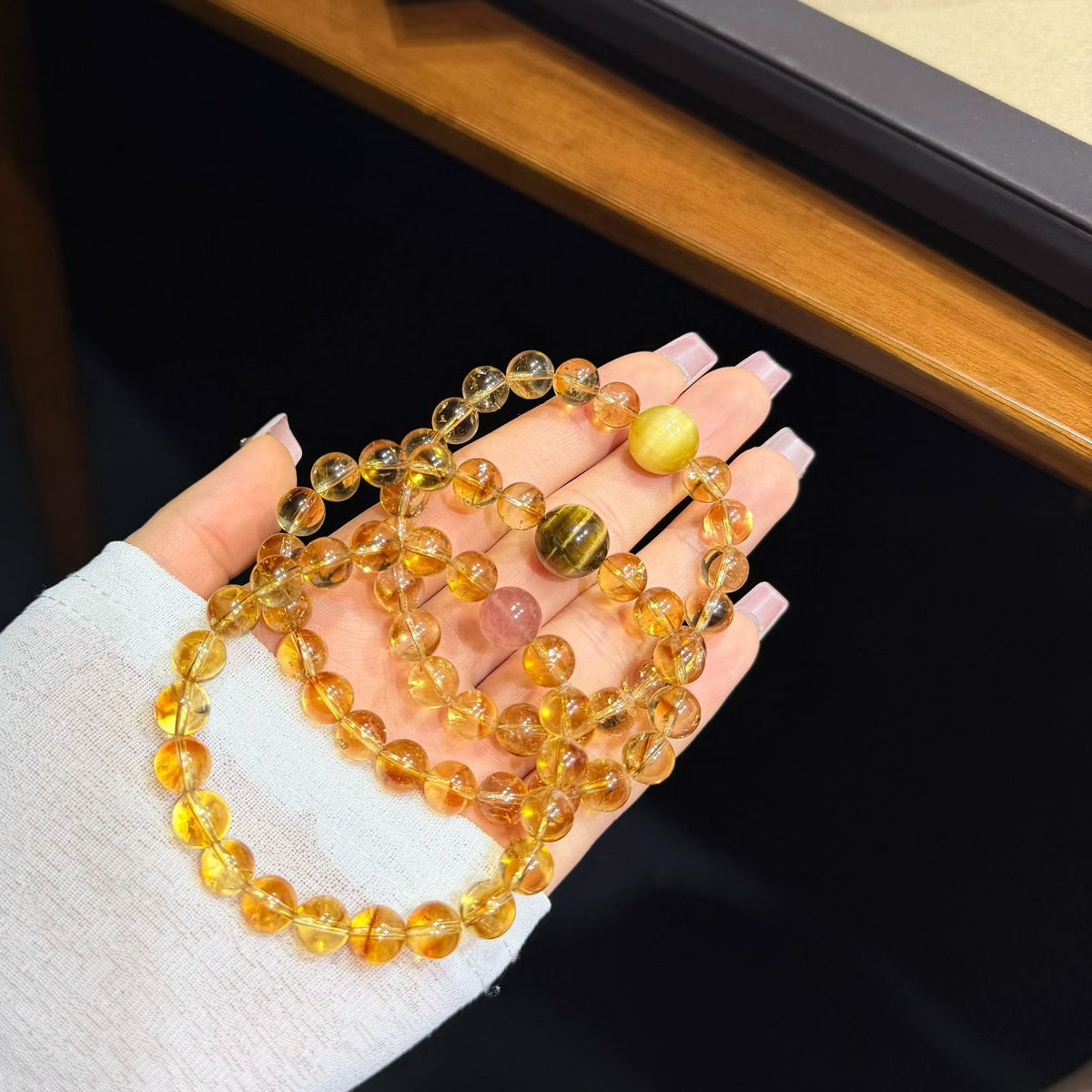 Luminous Golden Phantom Quartz Bracelet - Choice of White Tiger's Eye, Black Tiger's Eye, or Strawberry Quartz (8mm)