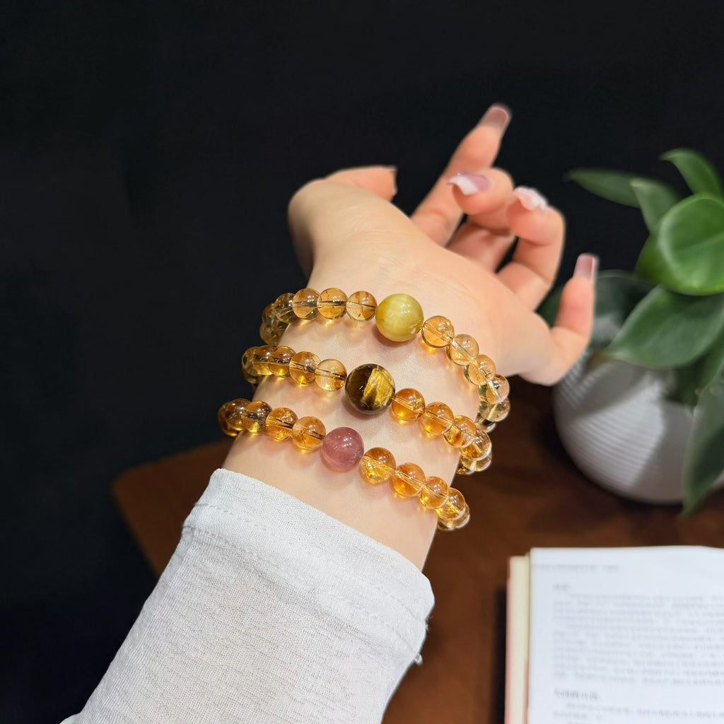 Luminous Golden Phantom Quartz Bracelet - Choice of White Tiger's Eye, Black Tiger's Eye, or Strawberry Quartz (8mm)