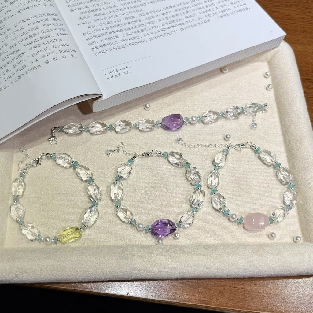 Icy Sugar Cube Clear Quartz Bracelet - Choice of Rose Quartz, Citrine, or Amethyst