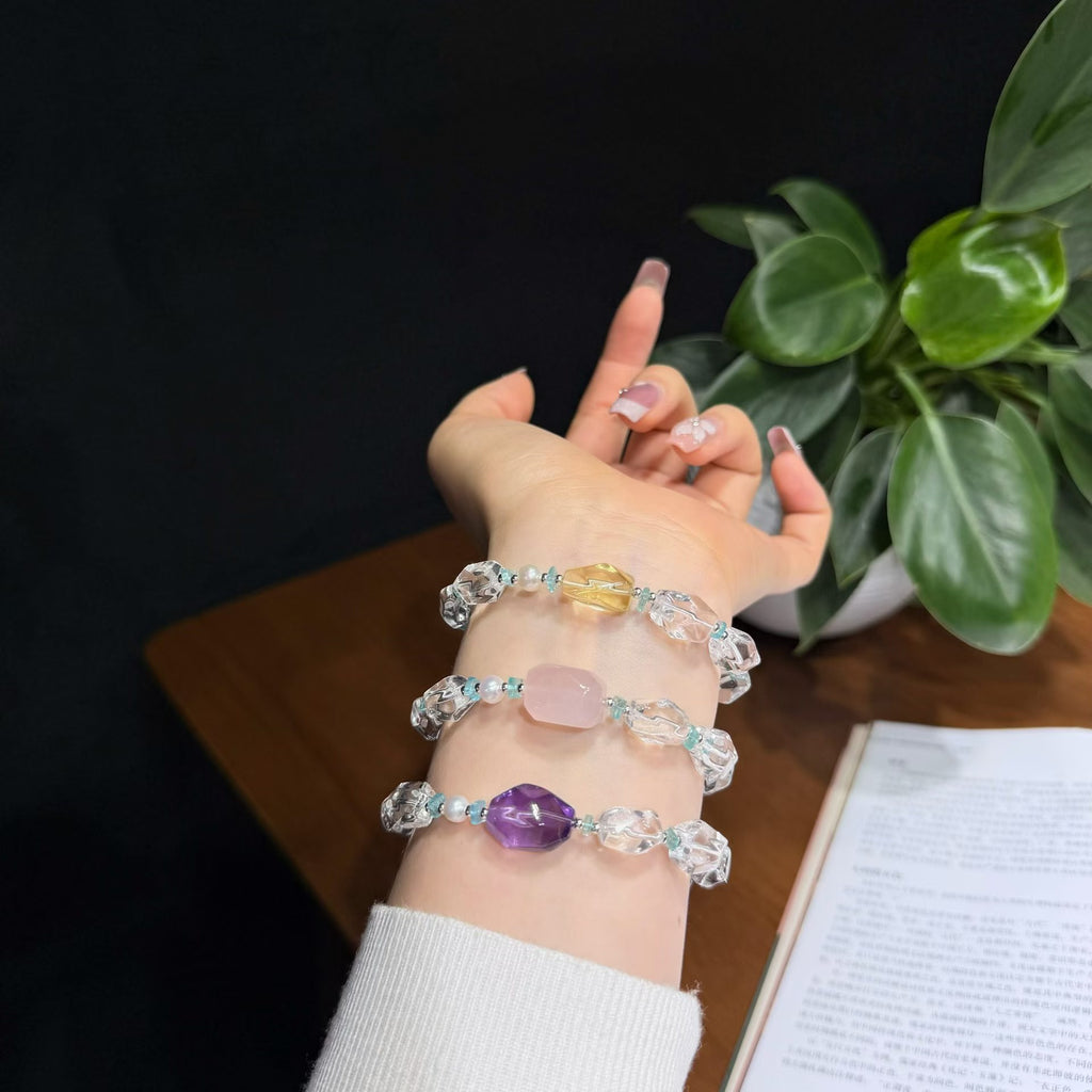Icy Sugar Cube Clear Quartz Bracelet - Choice of Rose Quartz, Citrine, or Amethyst