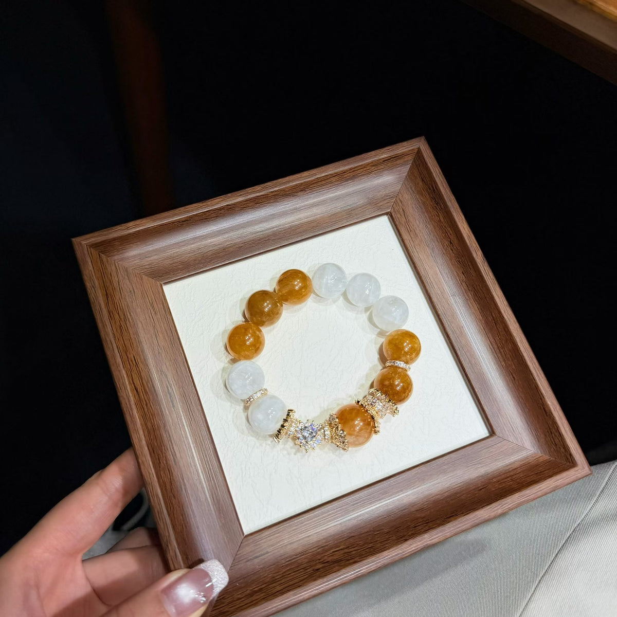 Frost & Gold Harmony Dual-Tone Crystal Bracelet - Golden Healer & Snow Quartz (14mm)