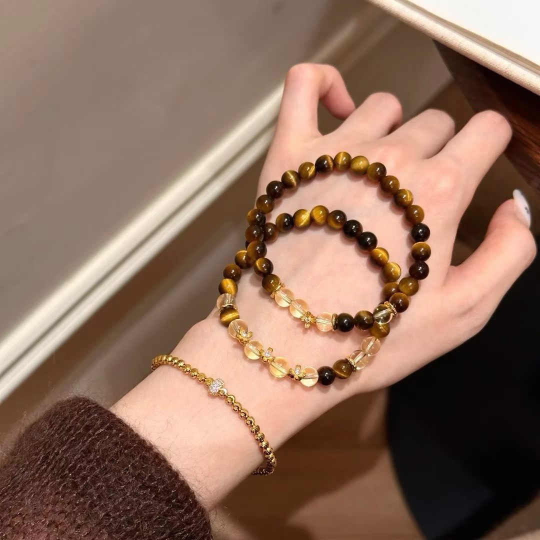 Autumn Golden Glow Citrine & Tiger's Eye Bracelet with Floral Charm (6mm)