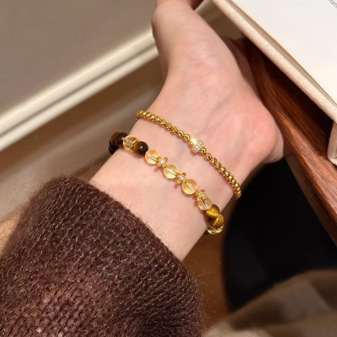 Autumn Golden Glow Citrine & Tiger's Eye Bracelet with Floral Charm (6mm)