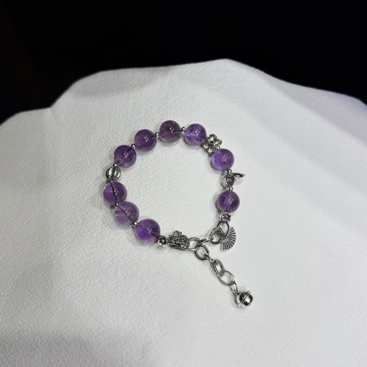 Twilight Violet Brazilian Amethyst Bracelet with Vintage Silver Ginkgo & Bell Charms (12mm)