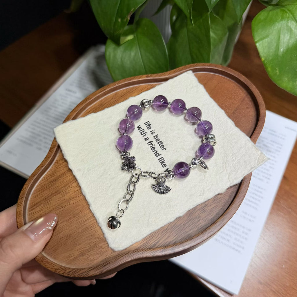 Twilight Violet Brazilian Amethyst Bracelet with Vintage Silver Ginkgo & Bell Charms (12mm)