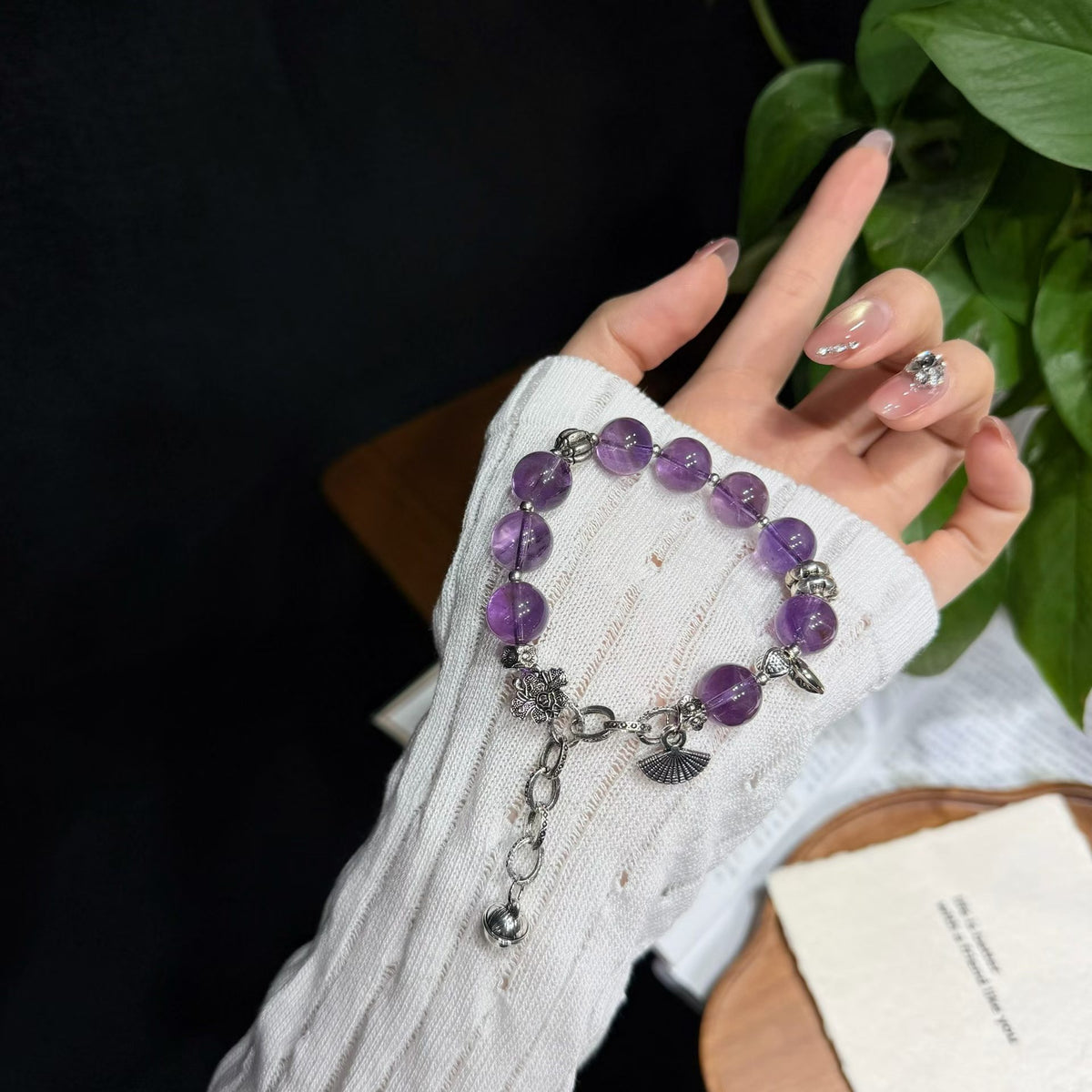 Twilight Violet Brazilian Amethyst Bracelet with Vintage Silver Ginkgo & Bell Charms (12mm)