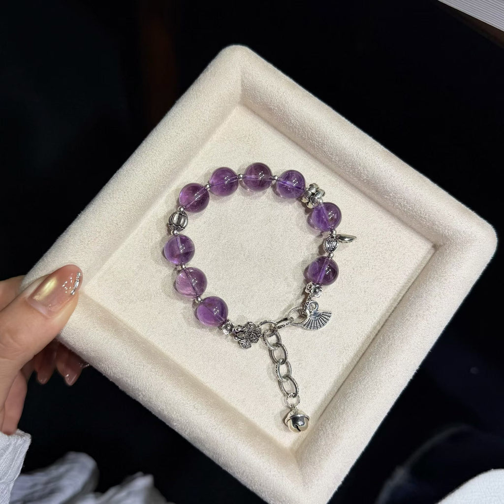 Twilight Violet Brazilian Amethyst Bracelet with Vintage Silver Ginkgo & Bell Charms (12mm)