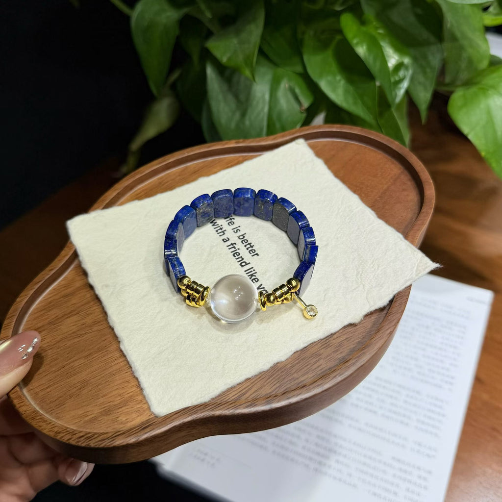 Vintage Azure Lapis Lazuli Tile Bracelet with Clear Quartz Bubble Bead (18mm)