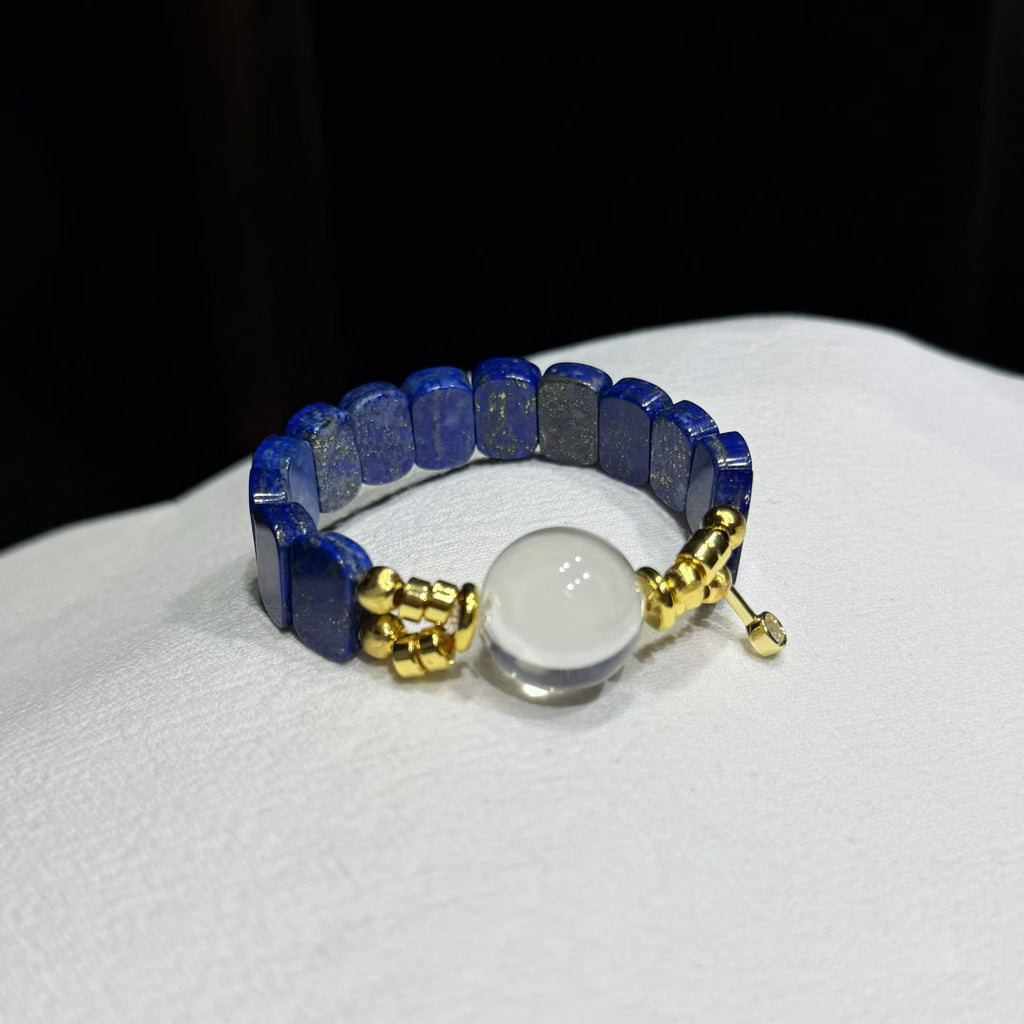 Vintage Azure Lapis Lazuli Tile Bracelet with Clear Quartz Bubble Bead (18mm)