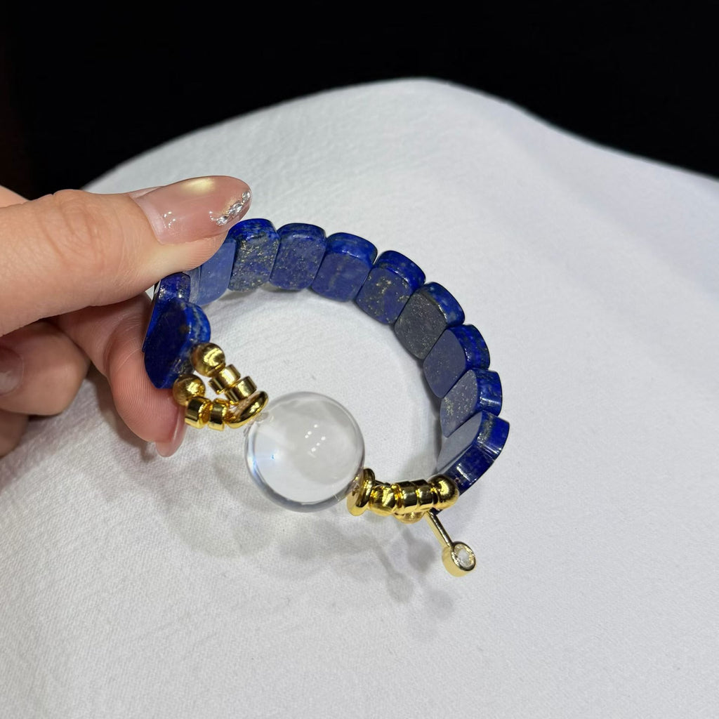 Vintage Azure Lapis Lazuli Tile Bracelet with Clear Quartz Bubble Bead (18mm)