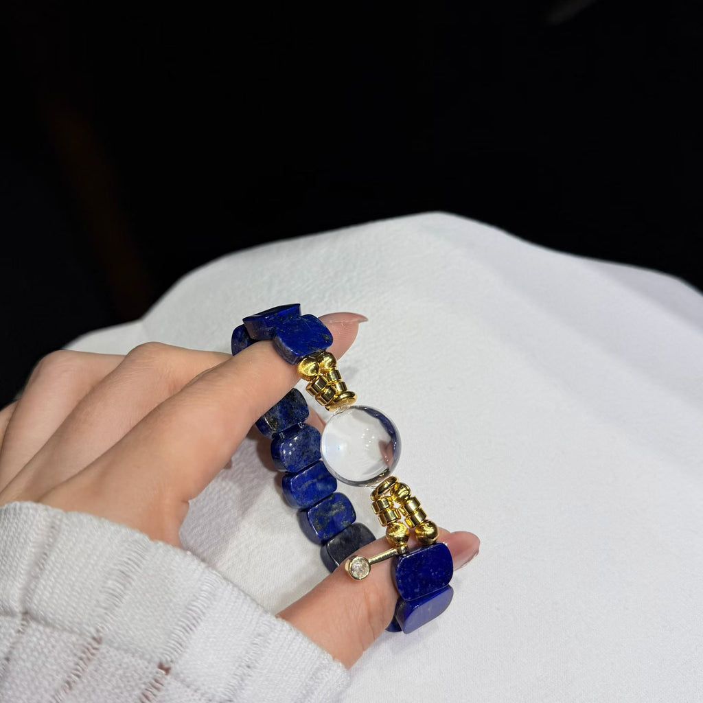 Vintage Azure Lapis Lazuli Tile Bracelet with Clear Quartz Bubble Bead (18mm)