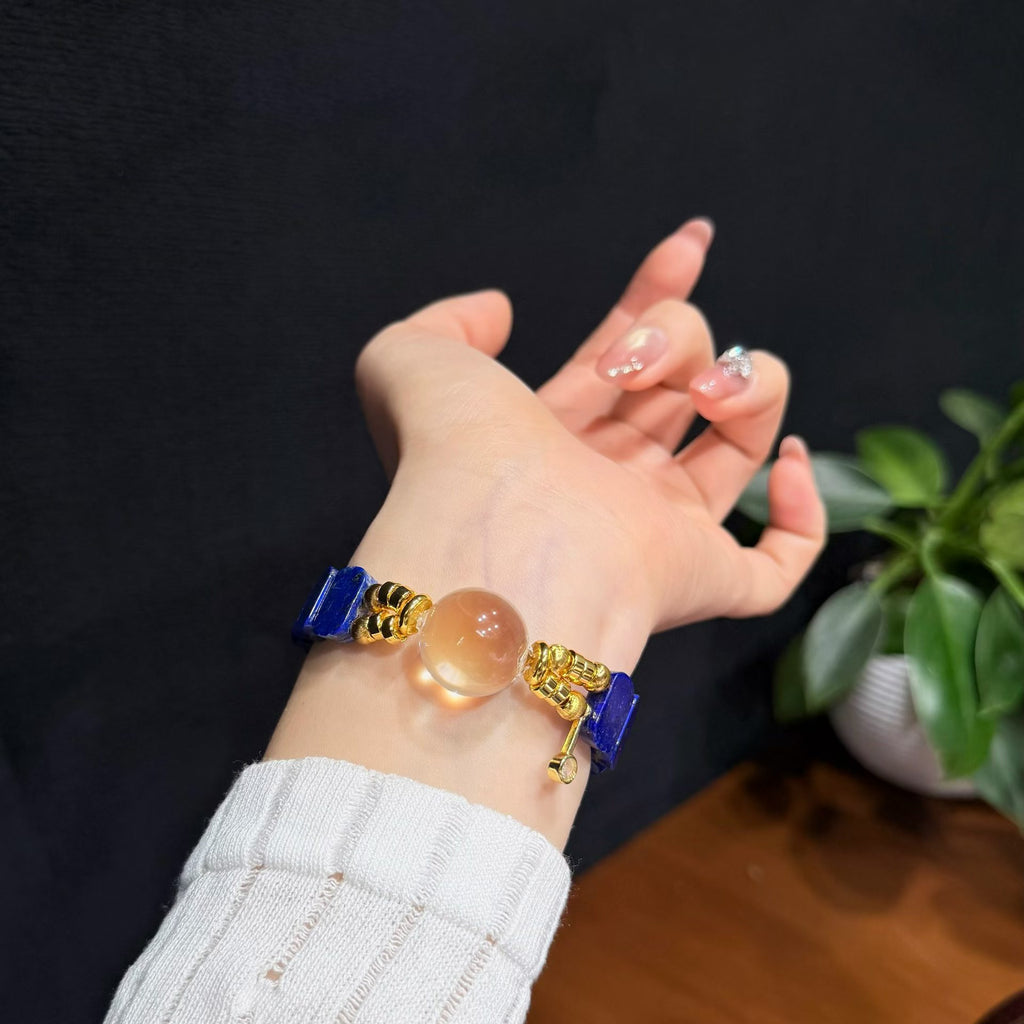 Vintage Azure Lapis Lazuli Tile Bracelet with Clear Quartz Bubble Bead (18mm)