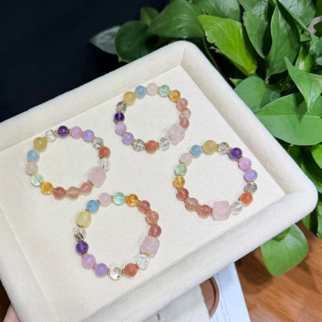 Nine-Tailed Fox Rose Quartz & Mixed Crystal Bracelet (Approx. 9mm)