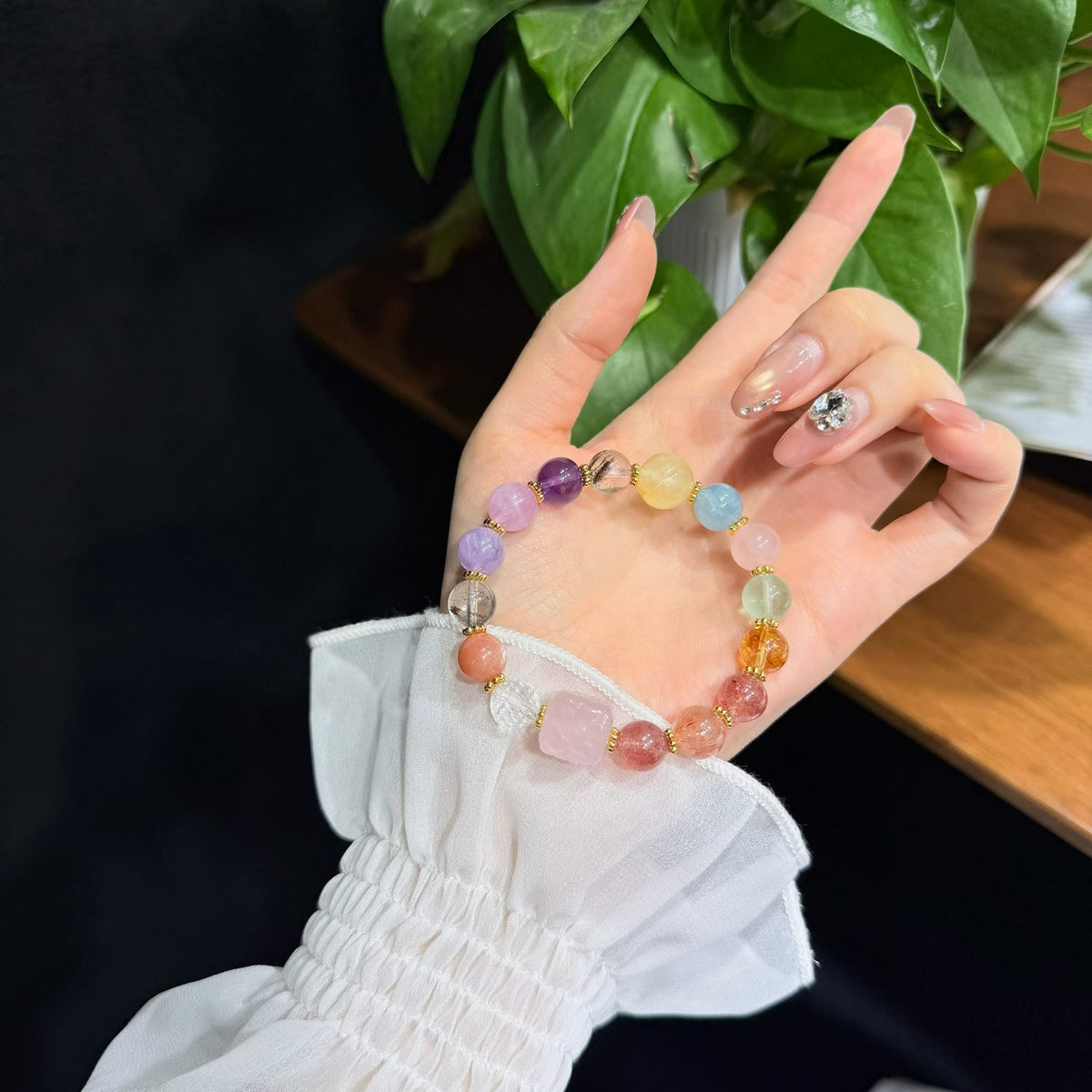 Nine-Tailed Fox Rose Quartz & Mixed Crystal Bracelet (Approx. 9mm)