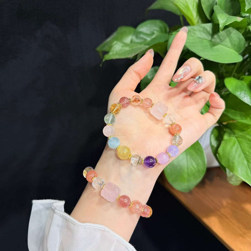 Nine-Tailed Fox Rose Quartz & Mixed Crystal Bracelet (Approx. 9mm)