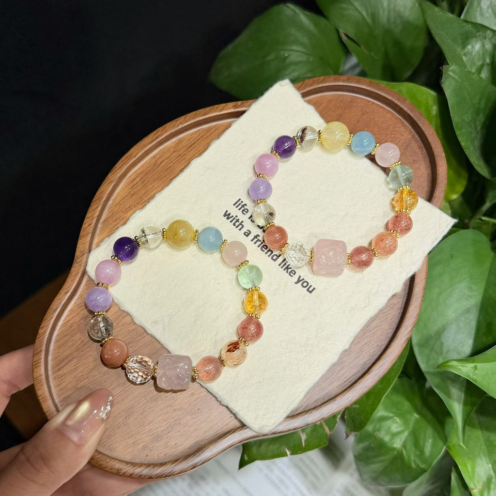Nine-Tailed Fox Rose Quartz & Mixed Crystal Bracelet (Approx. 9mm)