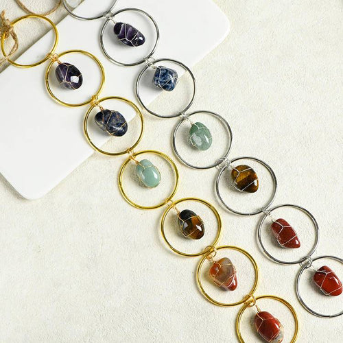 7 Chakra Crystal Hanging Ornament - Raw Stones, Tumbled Crystals & Agate Slices
