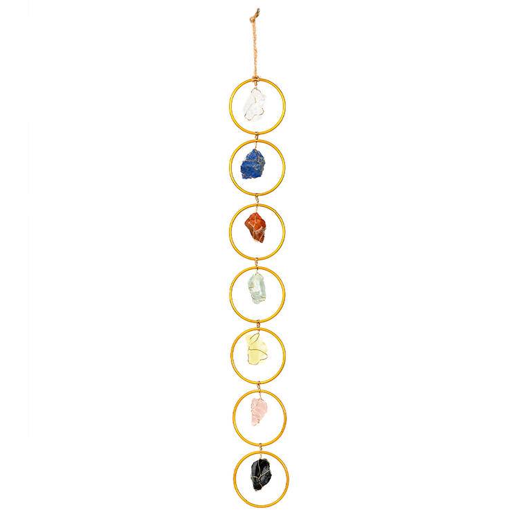 7 Chakra Raw Crystal Hanging Ornament - Handcrafted Natural Rough Gemstones & Gold Hoop Wall Decor