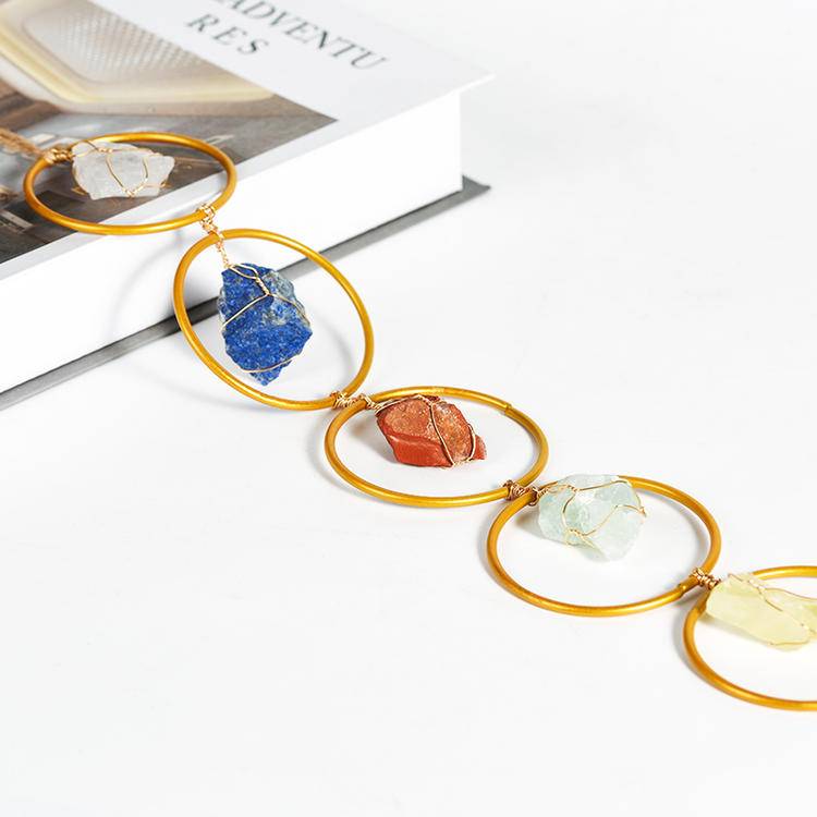 7 Chakra Raw Crystal Hanging Ornament - Handcrafted Natural Rough Gemstones & Gold Hoop Wall Decor