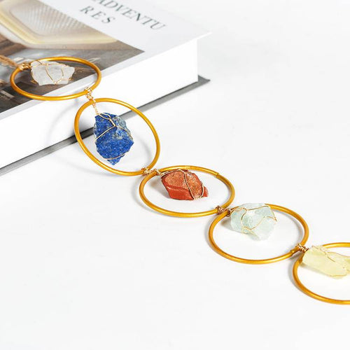 7 Chakra Raw Crystal Hanging Ornament - Handcrafted Natural Rough Gemstones & Gold Hoop Wall Decor