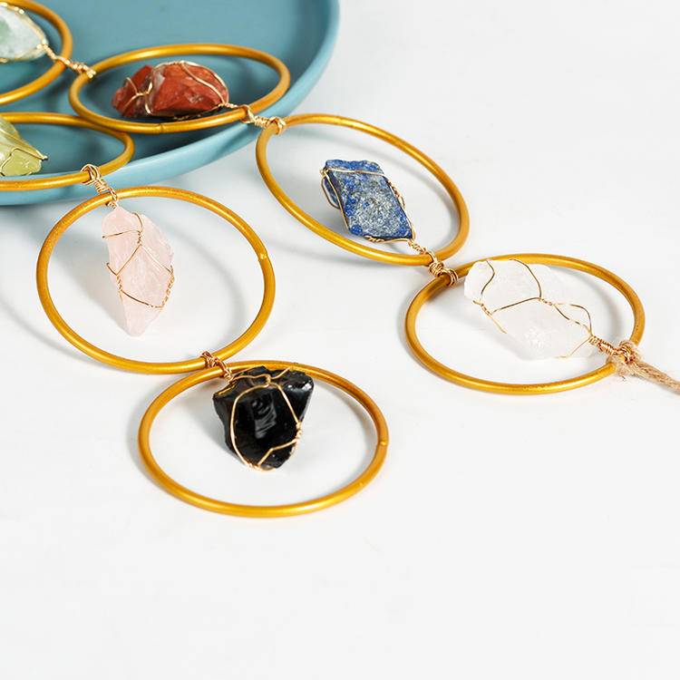 7 Chakra Raw Crystal Hanging Ornament - Handcrafted Natural Rough Gemstones & Gold Hoop Wall Decor