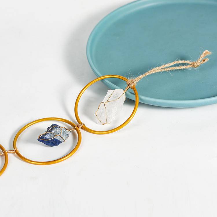 7 Chakra Raw Crystal Hanging Ornament - Handcrafted Natural Rough Gemstones & Gold Hoop Wall Decor