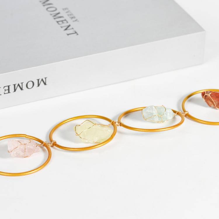 7 Chakra Raw Crystal Hanging Ornament - Handcrafted Natural Rough Gemstones & Gold Hoop Wall Decor