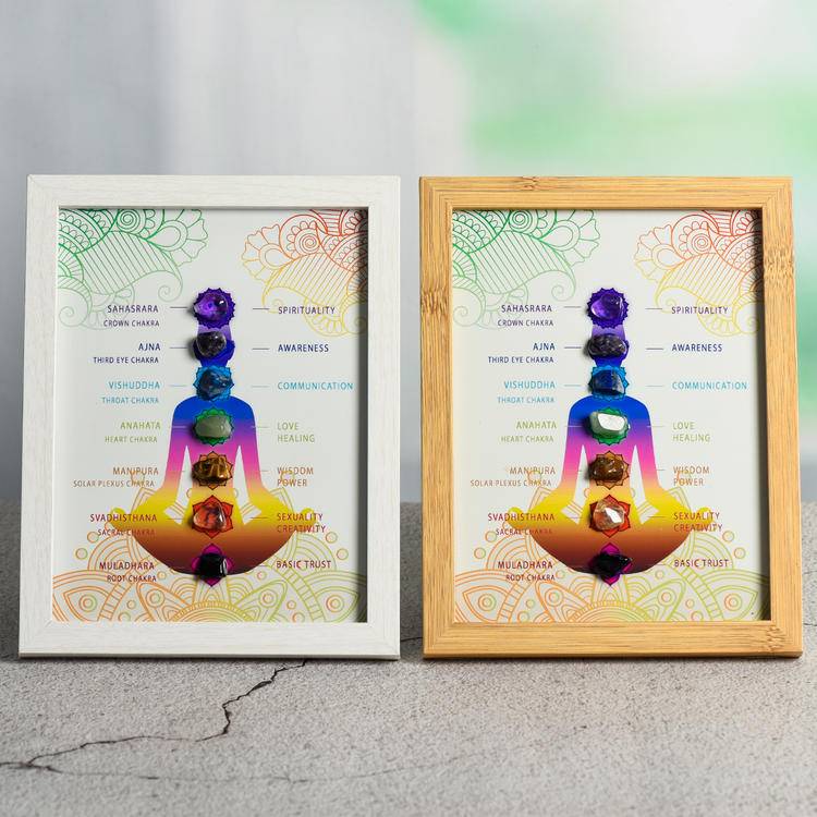 7 Chakra Crystal Shadow Box Art Frame - Natural Gemstones Meditating Yoga Tabletop &amp; Wall Decor
