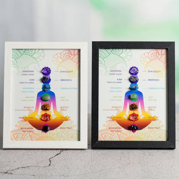 7 Chakra Crystal Shadow Box Art Frame - Natural Gemstones Meditating Yoga Tabletop &amp; Wall Decor