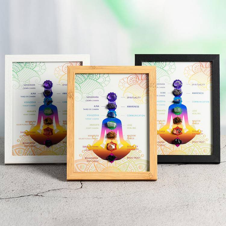 7 Chakra Crystal Shadow Box Art Frame - Natural Gemstones Meditating Yoga Tabletop &amp; Wall Decor