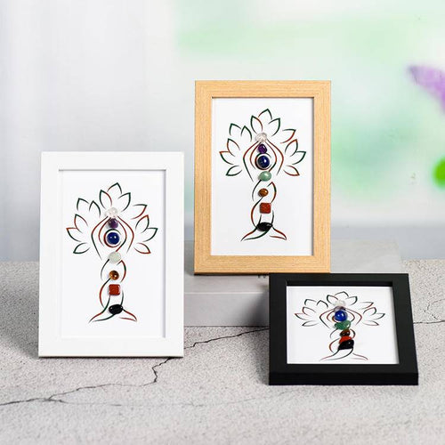 7 Chakra Tree of Life Crystal Art Frame - Handcrafted Yoga Silhouette Wooden Shadow Box Decor